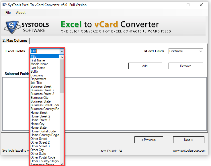 Excel Contact Field from Excel Fields section