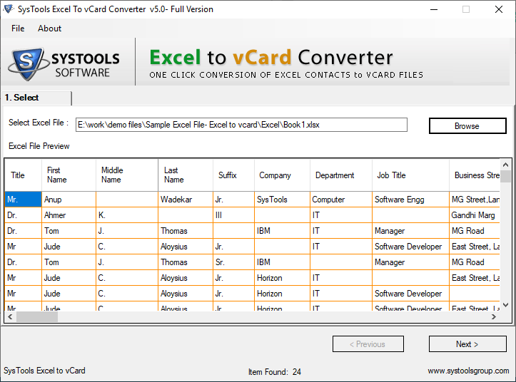 SysTools Software convert and preview Excel file contacts