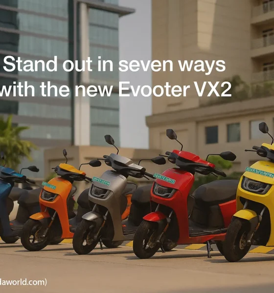 Hero VIDA VX2 electric scooter in vibrant blue color parked outdoors, showcasing modern design, alloy wheels, and LED headlamp, launched in India with affordable pricing and smart features for urban commuting.